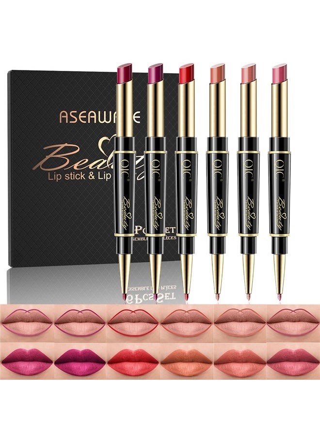 Aseawave - 6Pcs Lip Liner and Lipstick Makeup Set, Purple Red/Claret/Vermilion/Pastel Orange/Rose/Ruby Red Lipstick Pen and with Lip Liner Pencil Set Lip Gift Set for Daily/Travel/Party/Work - Image 1