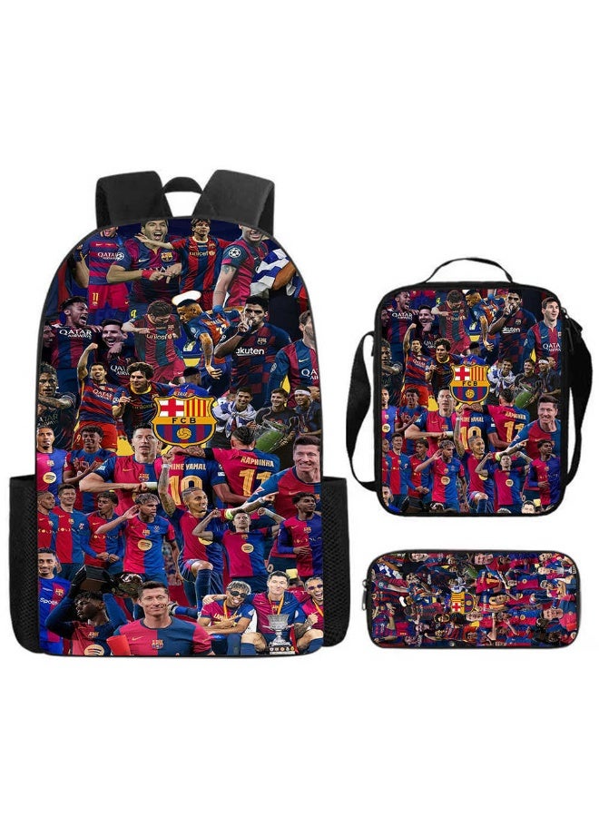 اف سي برشلونة 3 في 1 نادي برشلونة كل ستار الكولاج على ظهره مجموعة ، برشلونة لكرة القدم فريق حقيبة مدرسية مع معزول الغداء حقيبة و مقلمة للبنين - Image 1