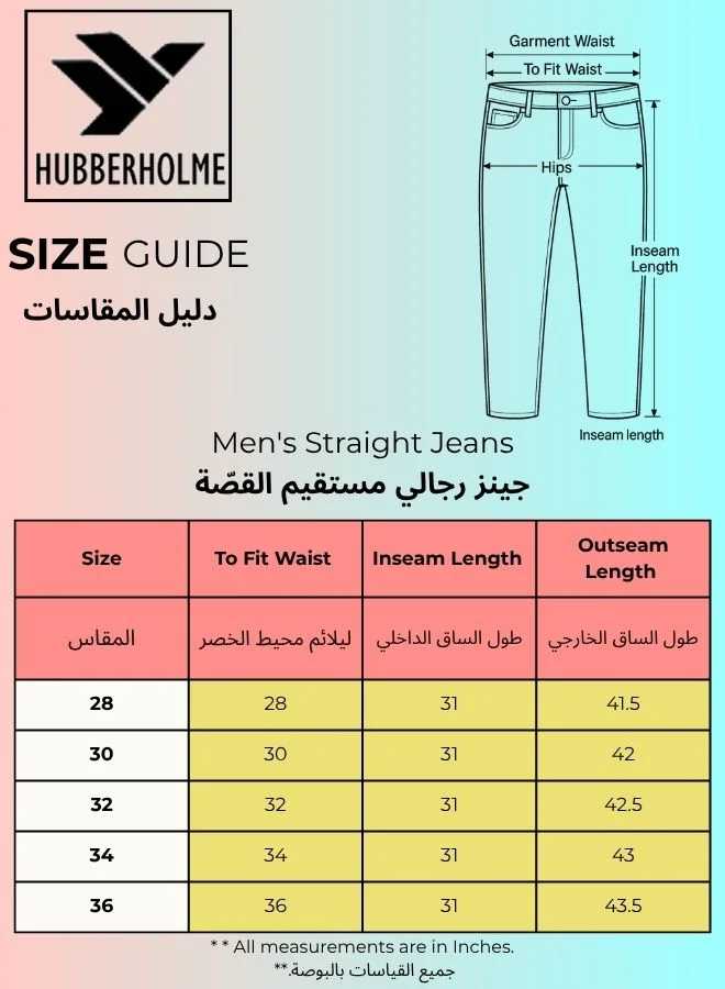 هوبرهولمي Men's Indigo 100% Cotton Bleached Full Length Straight Fit Jeans