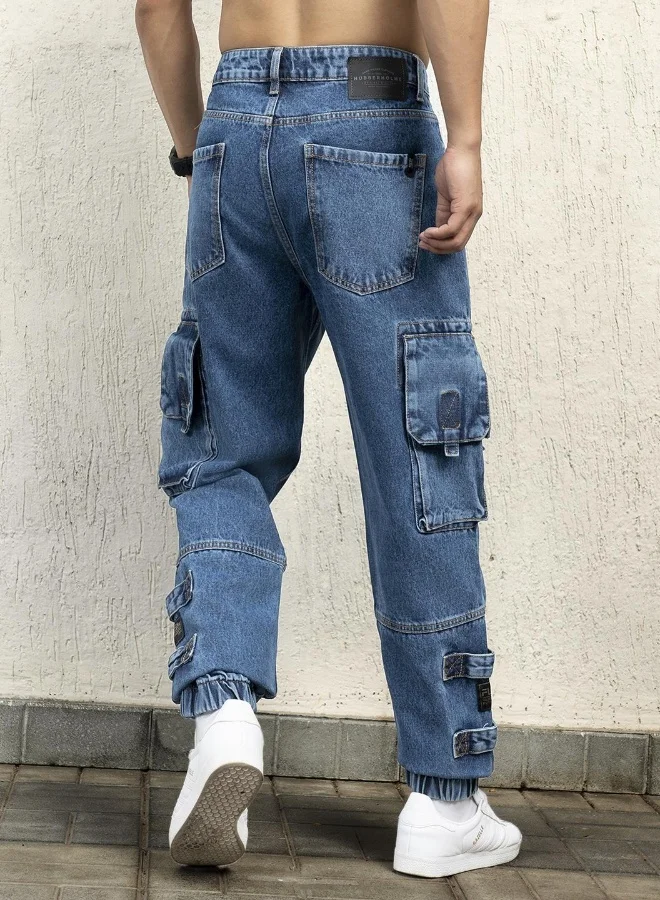 هوبرهولمي Men's Indigo 100% Cotton Bleached Full Length Straight Fit Jeans