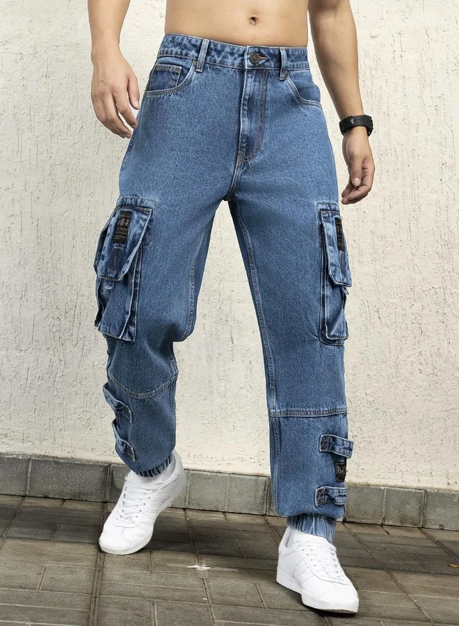 هوبرهولمي Men's Indigo 100% Cotton Bleached Full Length Straight Fit Jeans
