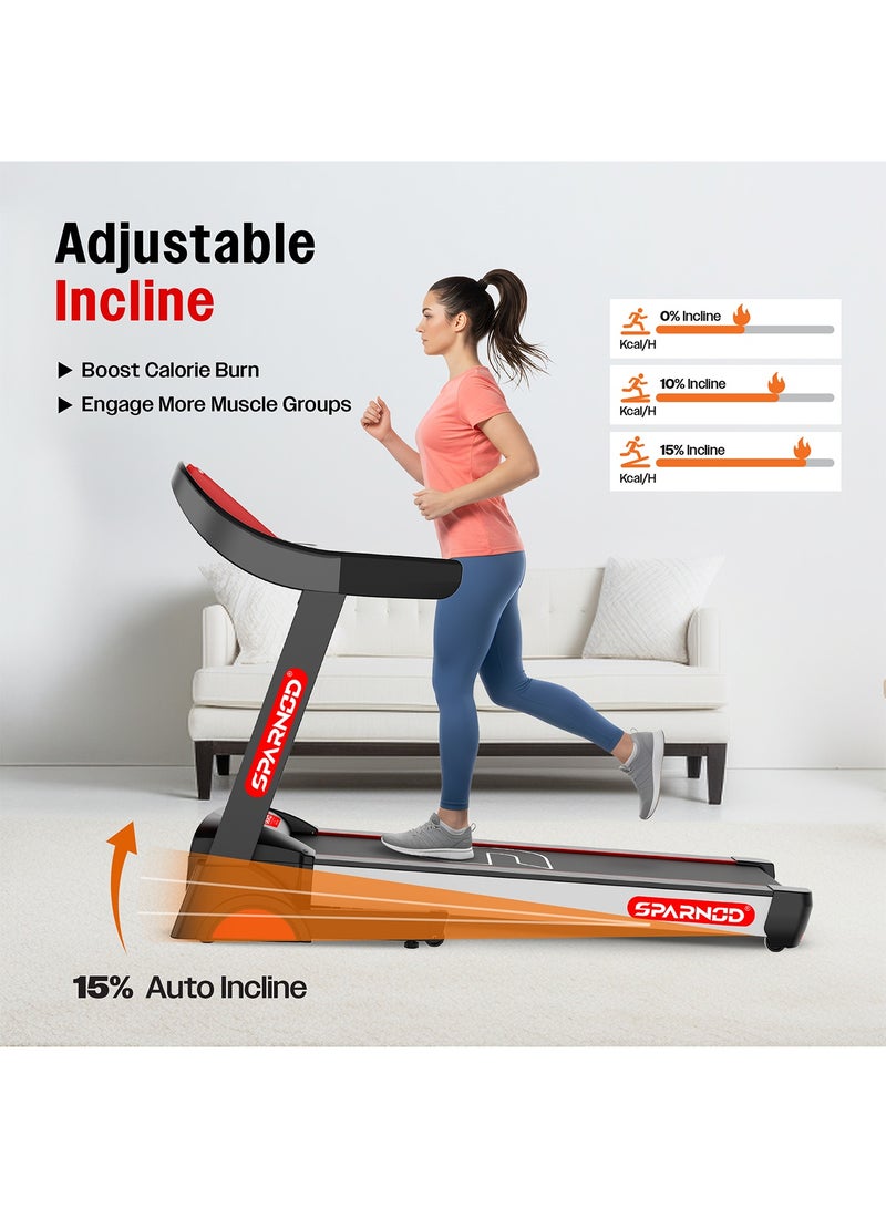 Sparnod Fitness STH-4300 Motorised Foldable Treadmill for Home Use, 5 HP Peak Motor, 1–14 km/h Speed, 15% Auto Incline Treadmill, 12 Preset Programs, LED Display, USB/Bluetooth, Max User Weight 120 kg - Image 4