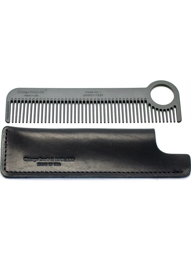 Chicago Comb Model 1 Carbon Fiber + Black Horween leather sheath, pocket and travel comb, Made in USA - Image 1