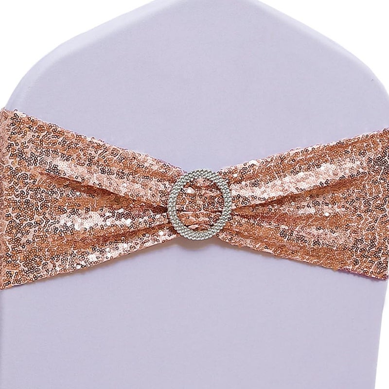 SINSSOWL SINSSOWL Pack of 100 Spandex Sequin Chair Sashes for Wedding Chair Sash Buckles Chair Sashes for Folding Chairs Party Fiesta Baby Shower Decor Chair Bands  Rose Gold Chair Sashes 