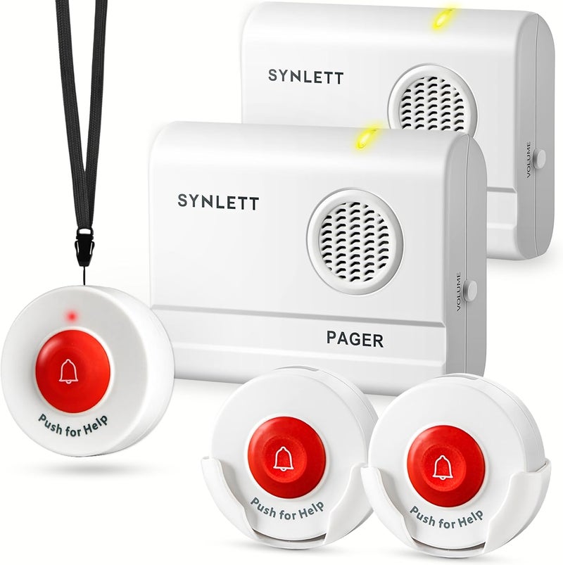 SYNLETT Caregiver Pager Wireless Nurse Call Button for Elderly Home Monitoring Alert System Portable Alarm Bell Seniors Patients Emergency 3 Call Buttons, 2 Pagers - Image 1