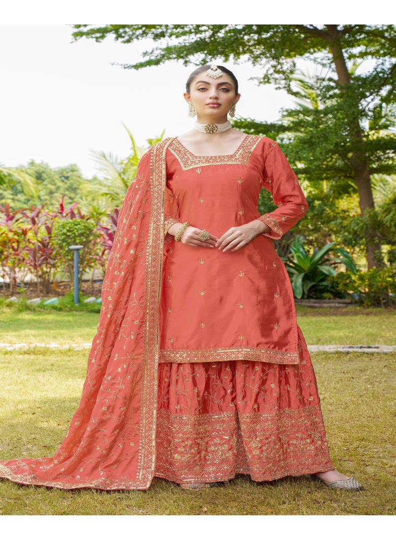 Super Asian Designer Chinnon Embroidered Sharara Suit with 5mm Sequence Work, Micro Inner, and 2.2m Dupatta - Image 1
