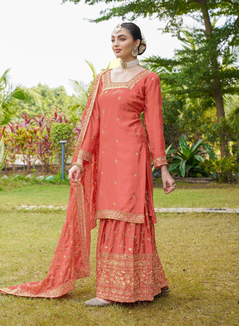 Super Asian Designer Chinnon Embroidered Sharara Suit with 5mm Sequence Work, Micro Inner, and 2.2m Dupatta - Image 3