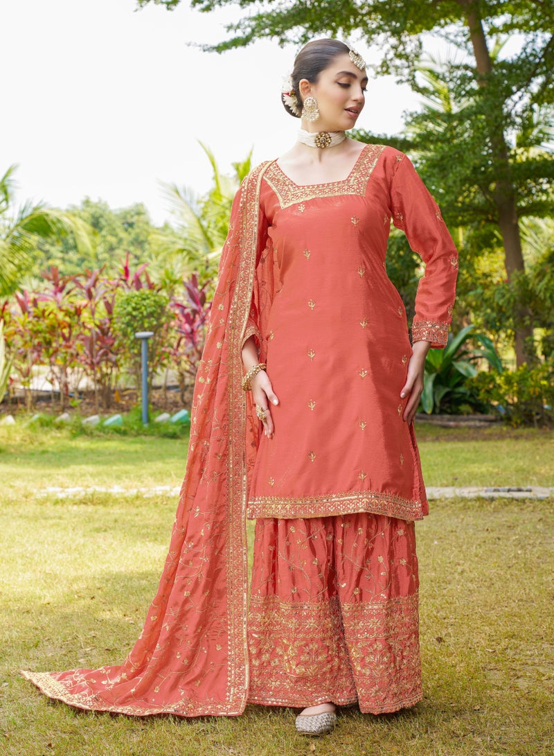 Super Asian Designer Chinnon Embroidered Sharara Suit with 5mm Sequence Work, Micro Inner, and 2.2m Dupatta - Image 4