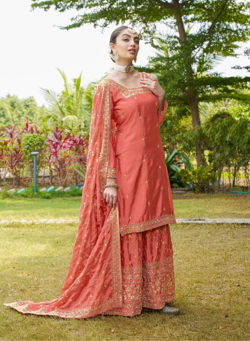Super Asian Designer Chinnon Embroidered Sharara Suit with 5mm Sequence Work, Micro Inner, and 2.2m Dupatta - Image 5