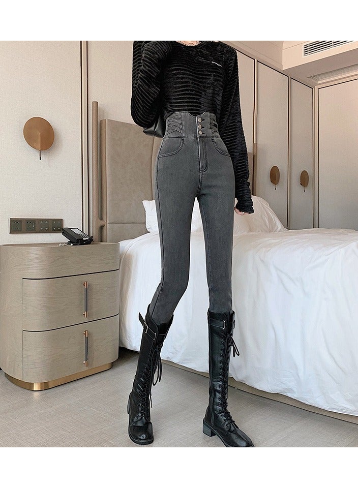 KUYING Ultra-High Waisted Women's Small Foot Pants Slimming Skinny Pencil Pants Belly Lift Jeans  - Image 1