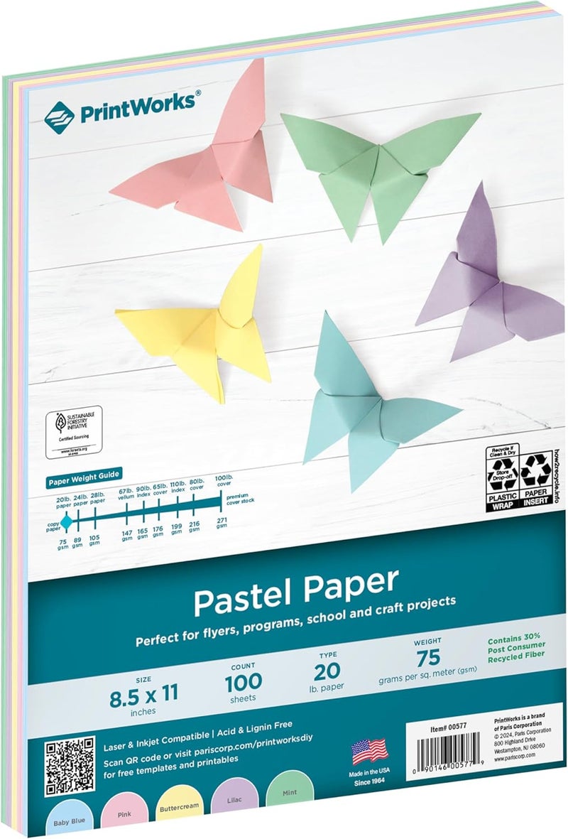 Printworks Pastel Paper - 20 lb, 100 Sheets of Assorted Pastel Colors, 30% Recycled, Perfect for School and Craft Projects - Image 1