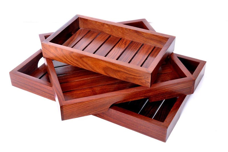 Hashcart Sheesham Wood Handcrafted Serving Tray, Standard, Brown, 3 Piece - Image 2