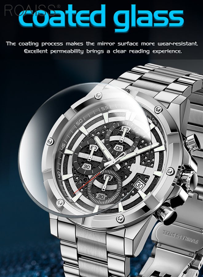 roaiss Men's Chronograph Quartz Watch, Analog Display Round Dial with Three Subdials, Luminous Waterproof Multifunction Business Wristwatch as Gift for Men - Image 5