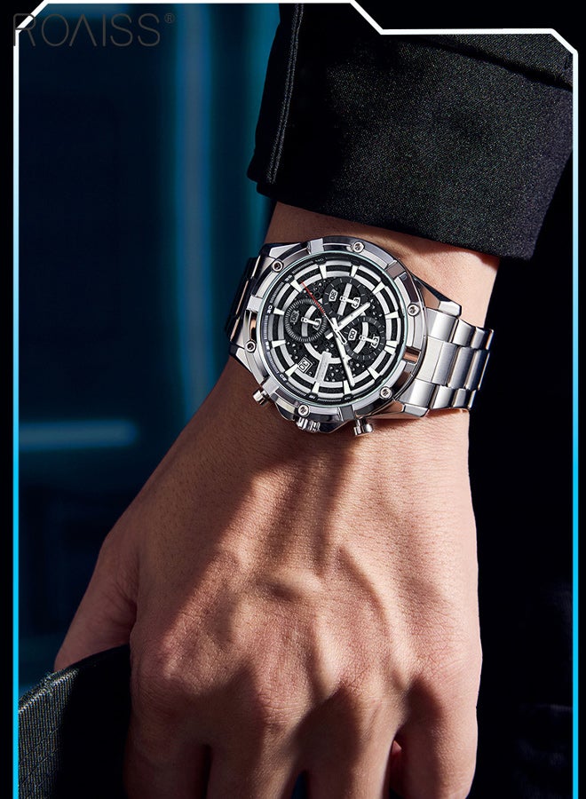 roaiss Men's Chronograph Quartz Watch, Analog Display Round Dial with Three Subdials, Luminous Waterproof Multifunction Business Wristwatch as Gift for Men - Image 2