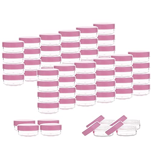 ZEJIA 3 Gram Sample Containers with Lids, 75Pack Tiny Sample Jars with Labels, Mini Plastic Cosmetic Containers for Beauty Products, Lip Balms, Lotion, Powder (Pink Lids) - Image 1