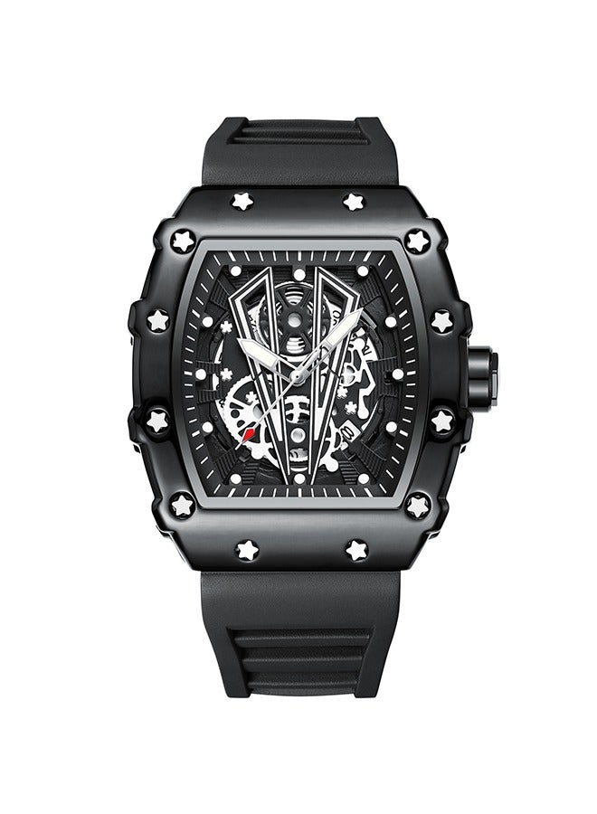 SENO Barrel-shaped hollow-out black dial, fully automatic waterproof luminous quartz men's business sports watch with soft plastic strap and calendar function - Image 1