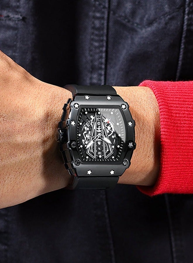 SENO Barrel-shaped hollow-out black dial, fully automatic waterproof luminous quartz men's business sports watch with soft plastic strap and calendar function - Image 3