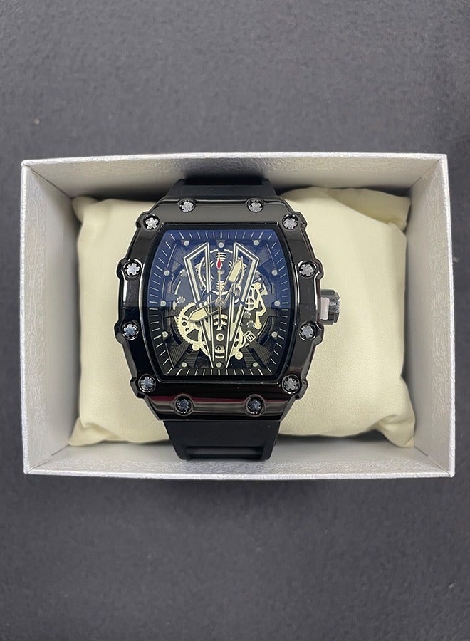 SENO Barrel-shaped hollow-out black dial, fully automatic waterproof luminous quartz men's business sports watch with soft plastic strap and calendar function - Image 5