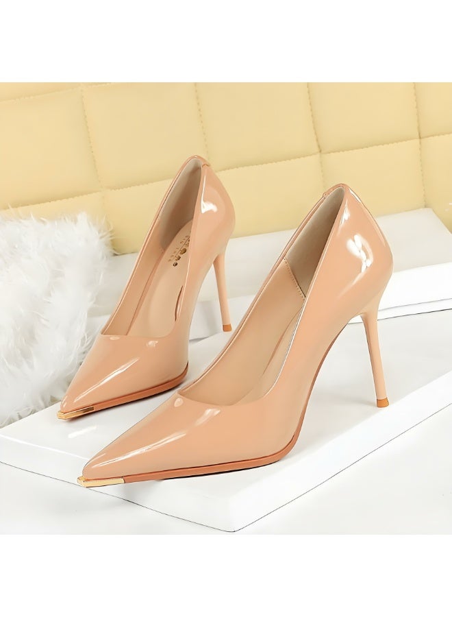 بيج تري المضخات النسائية مغلقة أشارت إصبع القدم الكعب العالي الحزب فستان الأحذية لون عاري 9.5CM - Image 1