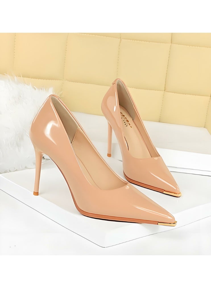 بيج تري المضخات النسائية مغلقة أشارت إصبع القدم الكعب العالي الحزب فستان الأحذية لون عاري 9.5CM - Image 2