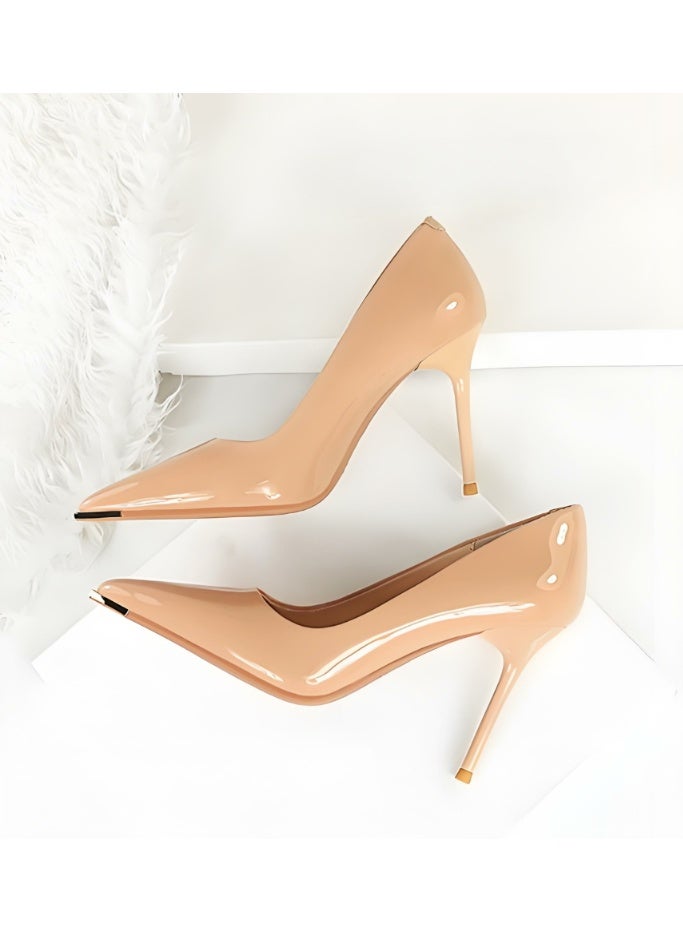 بيج تري المضخات النسائية مغلقة أشارت إصبع القدم الكعب العالي الحزب فستان الأحذية لون عاري 9.5CM - Image 3