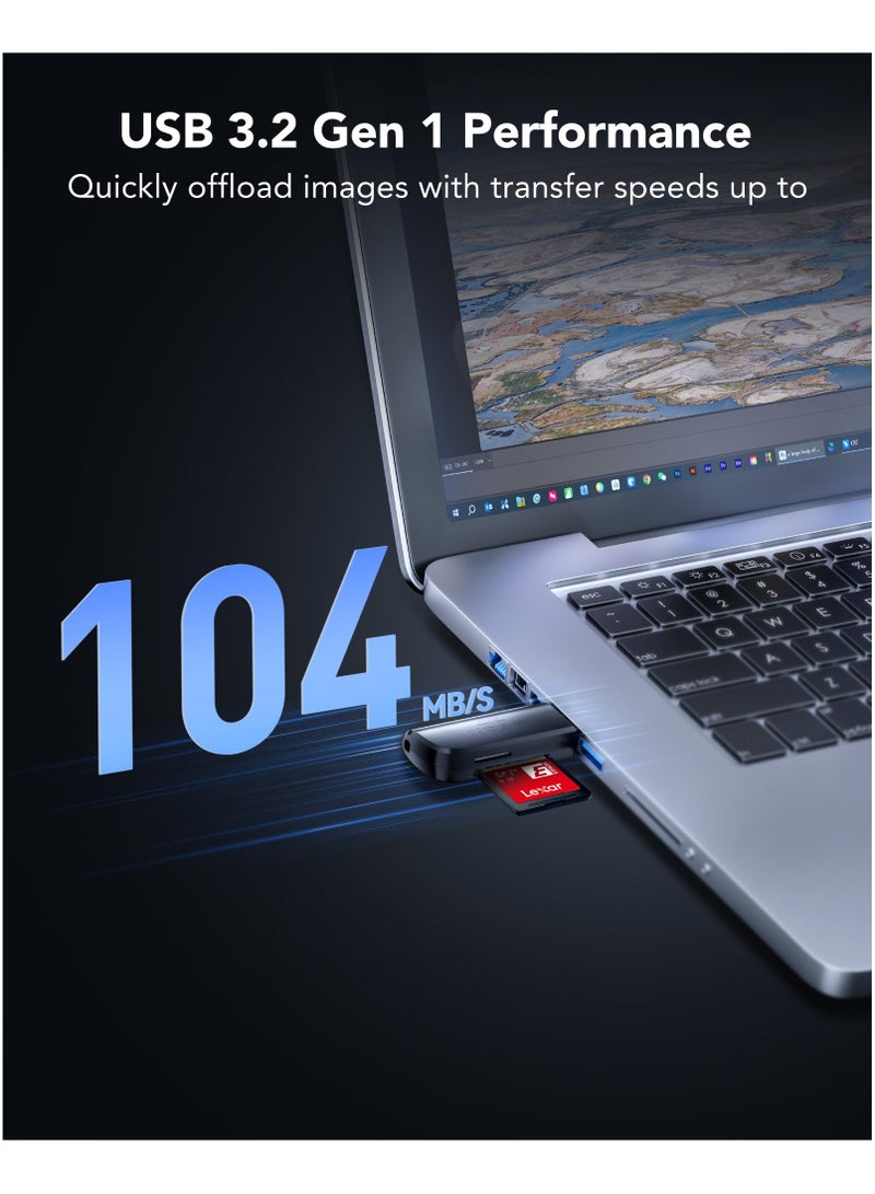 سيوسي قارئ USB A بفتحة مزدوجة، USB 3.2 Gen 1 يصل إلى 104 ميجابايت ثانية، لمحول قارئ بطاقات الكاميرا SD Micro SD SDHC SDXC، قارئ بطاقات OTG Micro SD لأجهزة الكمبيوتر المحمول والهواتف الذكية والكمبيوتر اللوحي - Image 2