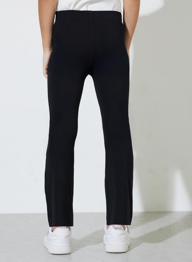 Styli Girls Black Solid Full Length Fit and Flare Leggings With Patchwork Detail - Image 4