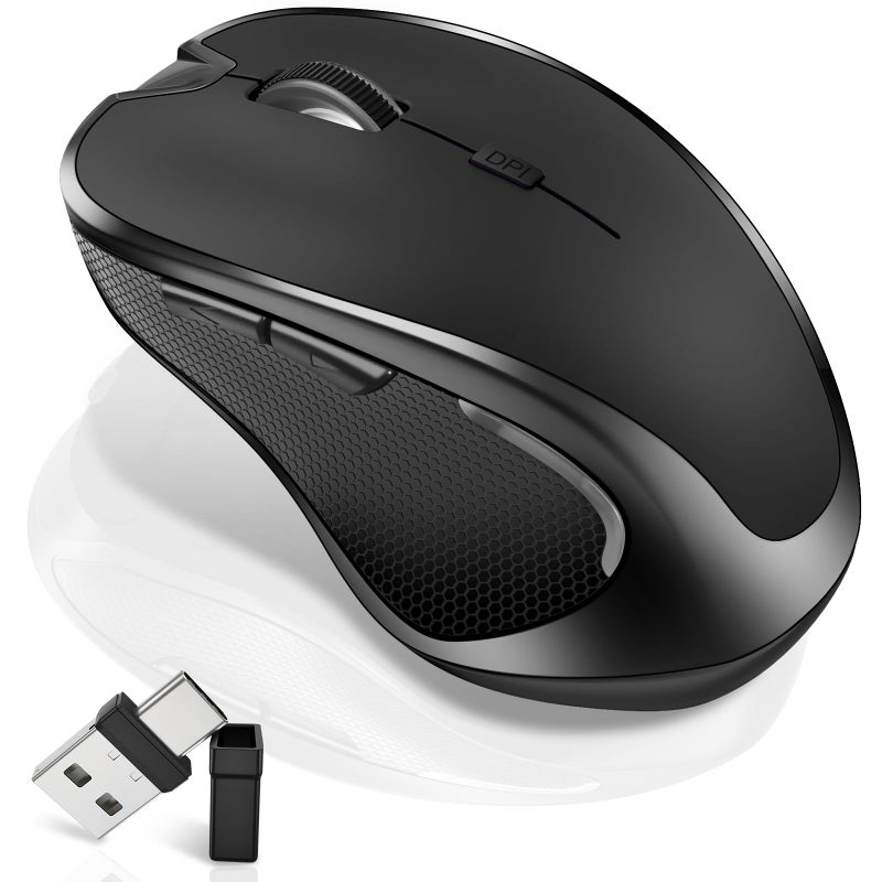 Normdecos Mouse for MacBook Wireless Bluetooth Mouse Laptop MacBook Air Mac Pro Rechargeable Silent PC iPad Optical Mouse with Jiggler Dual Mode Switch Bluetooth 5.2/3.0 and 2.4GHz USB Type-C Receiver Black - Image 1