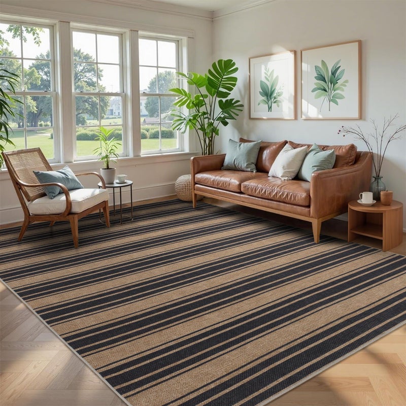 Zeeinx Striped Easy Jute Rug 8x10 Outdoor Rug Large Washable Rugs for Living Room Patio Non Slip Neutral Farmhouse Indoor Outdoor Carpet for Backyard Patio Office - Image 1