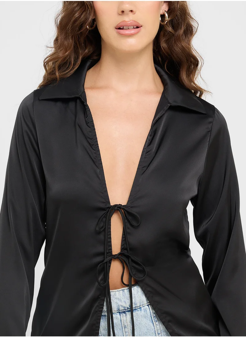 Ginger Plunge Neck Tie Up Detail Satin Shirt