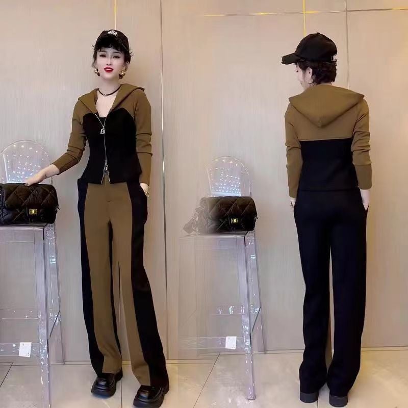 Young Western style hooded T-shirt suit womens spring and autumn 2022 new Korean style high waist meat-covering wide-leg pants two-piece set Brown suit - Image 1
