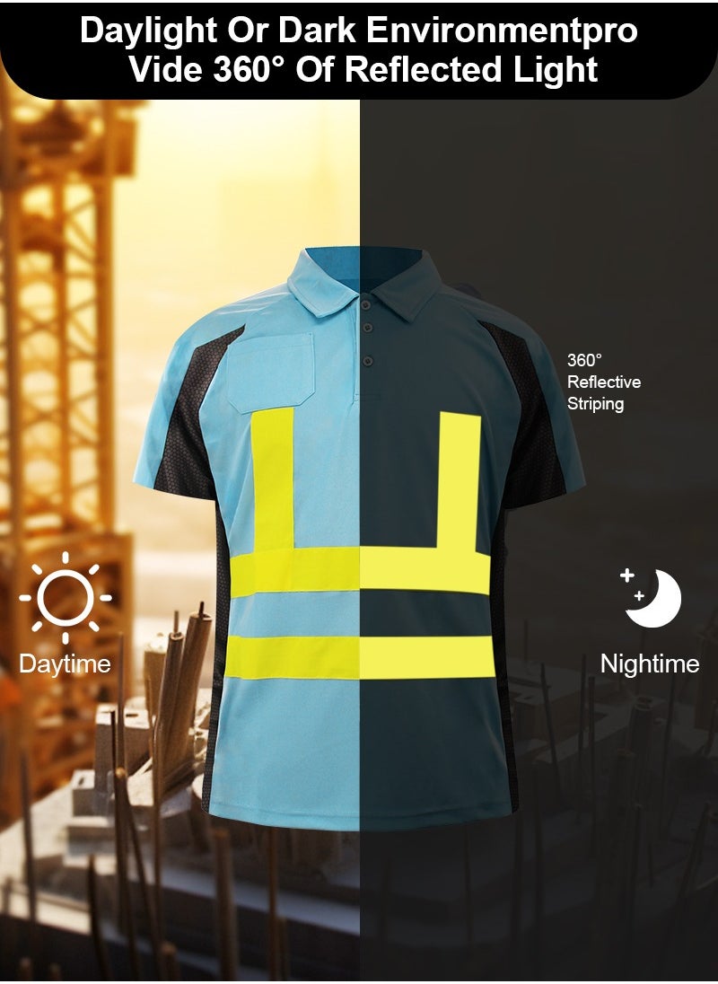Zuolaya - Safety Polo Shirt with 2 Inchs Reflective Stripes High Visibility T-Shirt Short Sleeves WorkWear Blue/Black - Image 1