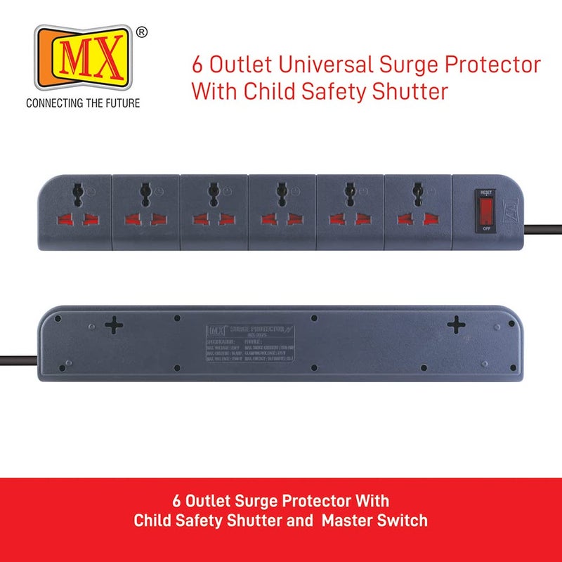 MX MX Spike Guard Surge Protector 2 pin 3 pin Plug Socket 6 Outlet Power Strip with Master Switch Heavy Duty Power Cord Extension Cord 15 mtr Child Saftey Shutter Extension Board  - Image 2