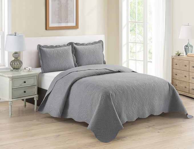 3PC FULLQUEEN OVER SIZE LUXURY EMBOSSED BEDSPREAD SET LIGHT WEIGHT SOLID LIGHT GREY NEW
