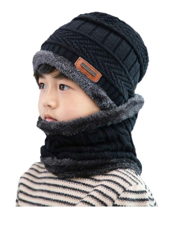 مجموعة قبعة وشارعة للأولاد والبنات، 2 قطعة قبعة صناعية دافئة وشارعة مزودة بداخلة فريك للأطفال من 5 إلى 14 سنوات - Image 1