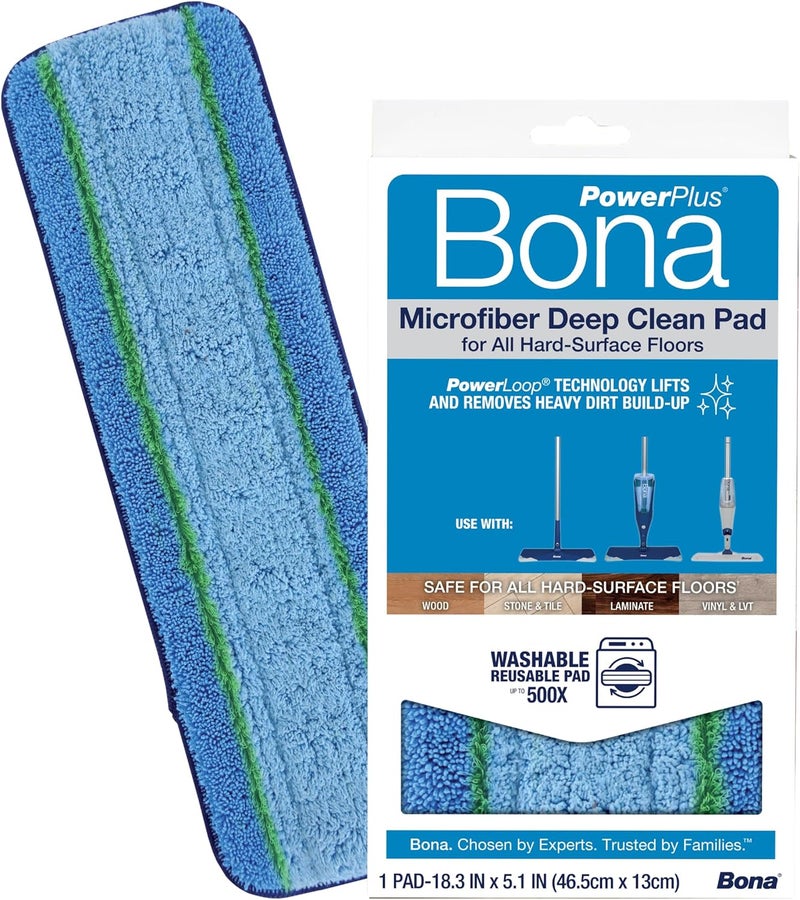 Bona PowerPlus Microfiber Deep Clean Pad, 4 x 15 in, Blue, Reusable Machine-Washable Mop Pad for Hardwood, Stone, Tile and Laminate, PowerLoop Technology with Nylon Scrubbers and Dual-Zone Microfiber - Image 1