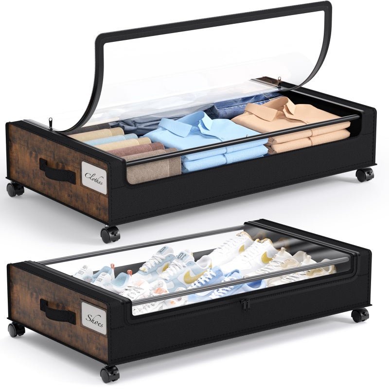 Yecaye Under Bed Storage with Wheels, 2Pack Under Bed Storage Containers, Underbed Shoe Storage Organizer, Rolling Under Bed Metal Drawers for Clothes, Blankets, Brown - Image 1