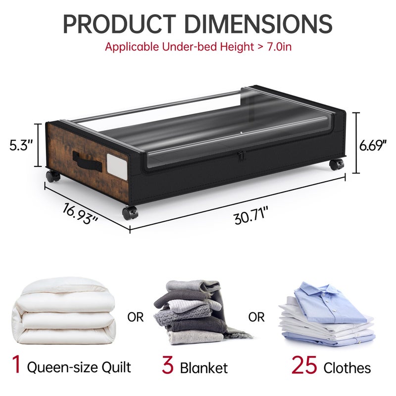 Yecaye Under Bed Storage with Wheels, 2Pack Under Bed Storage Containers, Underbed Shoe Storage Organizer, Rolling Under Bed Metal Drawers for Clothes, Blankets, Brown - Image 2