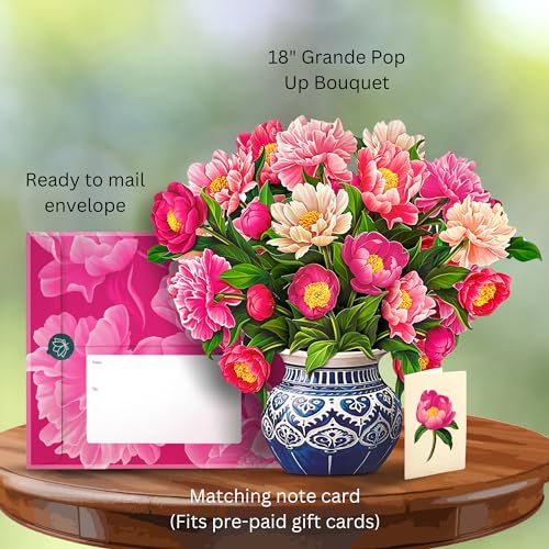 Freshcut Paper Pop Up Cards, Grande Peony Paradise, 18 Inch Life Sized Forever Flower Bouquet 3D Popup Greeting Card, Birthday Cards, Thank You Card, Blank Notecard & Envelope - Image 2