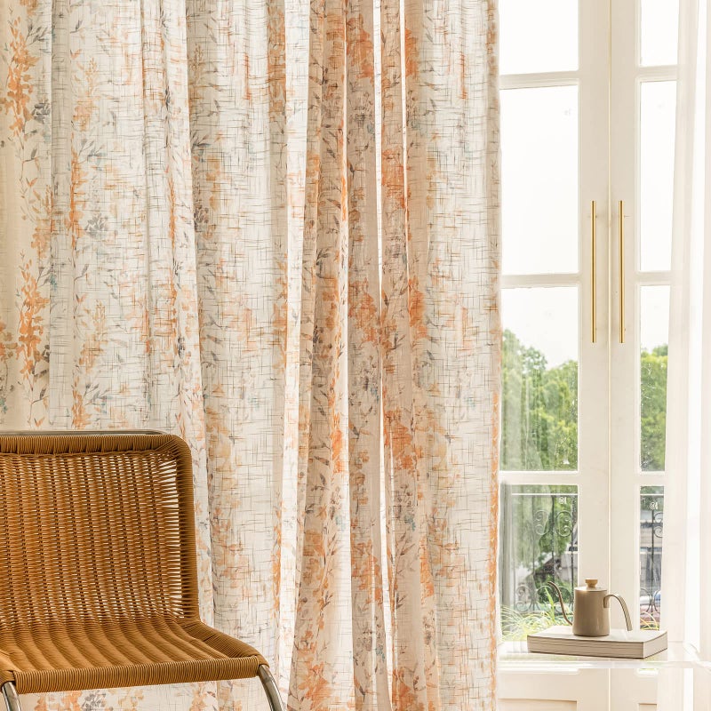 SUOUO Burnt Orange Floral Semi Sheer Curtains Linen Textured for Living Room Patterned Leaf Light Filtering Privacy Boho Curtain for Dining Bedroom 84 inches Long Rod Pocket 2 Panels