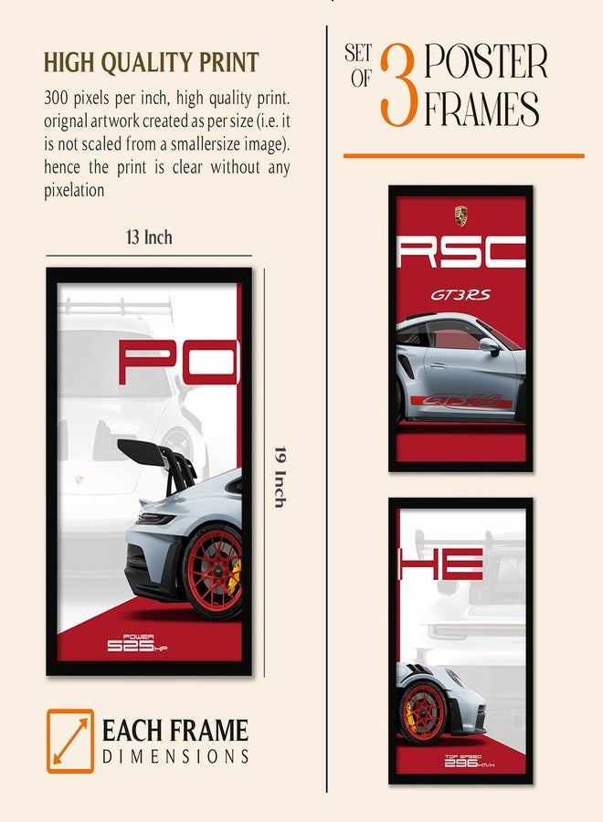 ARTELLY Big Porsche 911 GT3rs Sports Car Framed Wall Posters, Set of 3, Premium Framed Painting, Living Room Bedroom Decoration, Large Size Gift Item for Boys Room Decor (Porsche 2, 13x19 inch) - Image 2