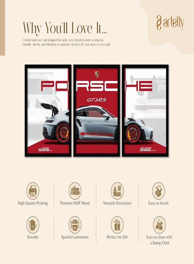 ARTELLY Big Porsche 911 GT3rs Sports Car Framed Wall Posters, Set of 3, Premium Framed Painting, Living Room Bedroom Decoration, Large Size Gift Item for Boys Room Decor (Porsche 2, 13x19 inch) - Image 5