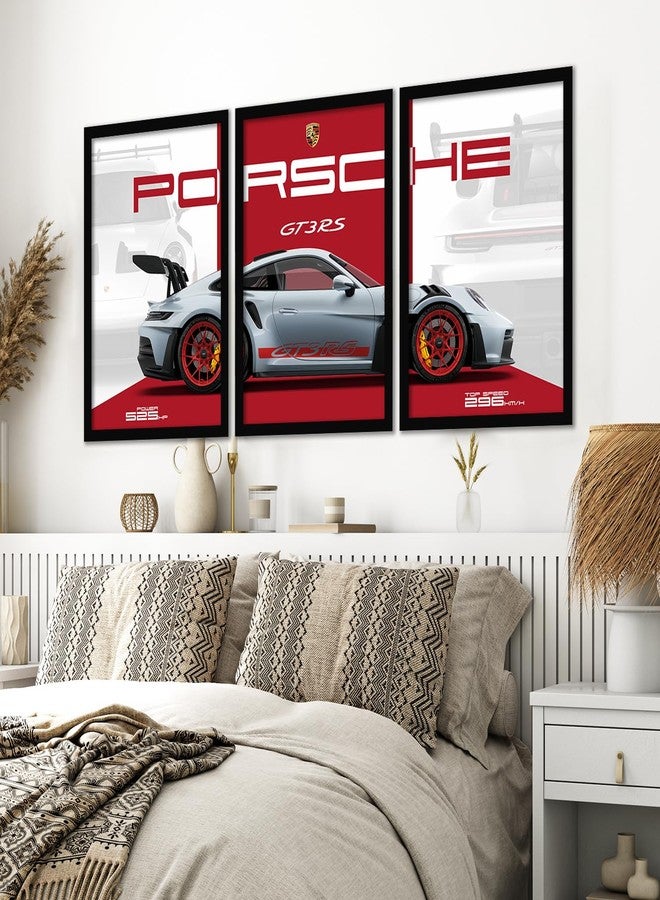 ARTELLY Big Porsche 911 GT3rs Sports Car Framed Wall Posters, Set of 3, Premium Framed Painting, Living Room Bedroom Decoration, Large Size Gift Item for Boys Room Decor (Porsche 2, 13x19 inch) - Image 1