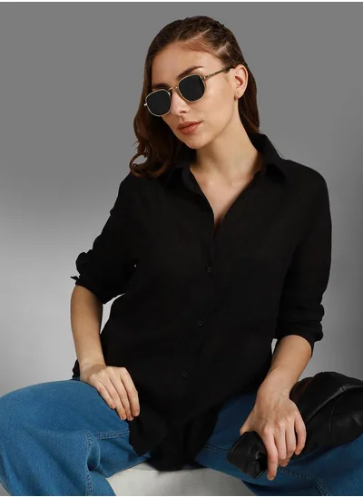 HIGH STAR Stay effortlessly stylish with this comfortable Black Boxy Fit Shirts Solid design crafted from 100% Cotton featuring Long Sleeves with Button closure.