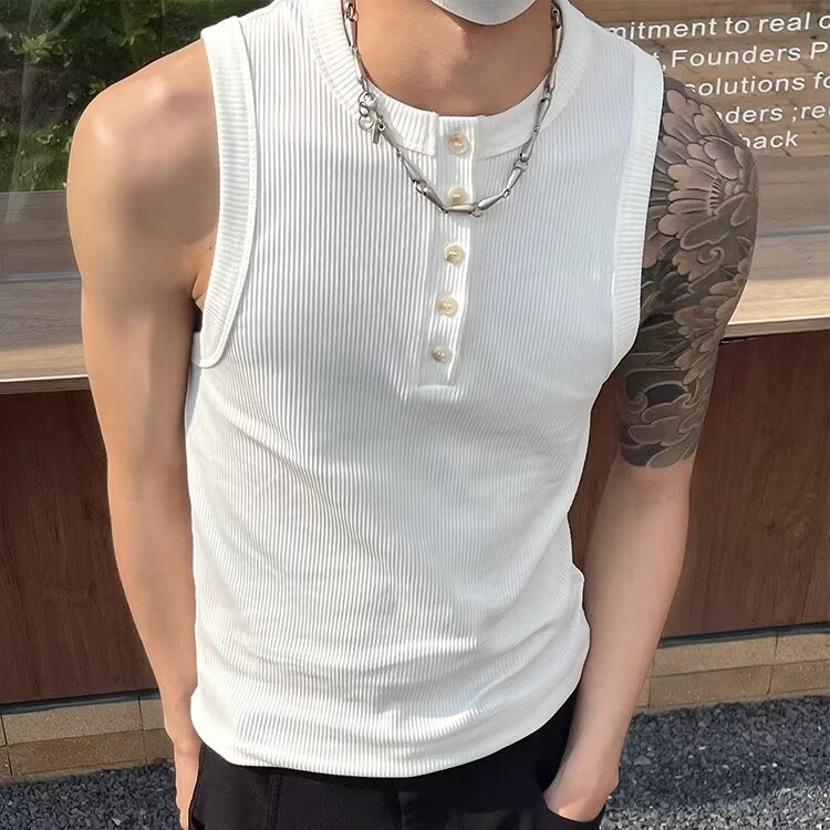 American Trendy Brand Button-Down Henry Collar Solid Color Sleeveless Vest For Men And Women, Summer Simple Slim Fit Versatile - Image 3