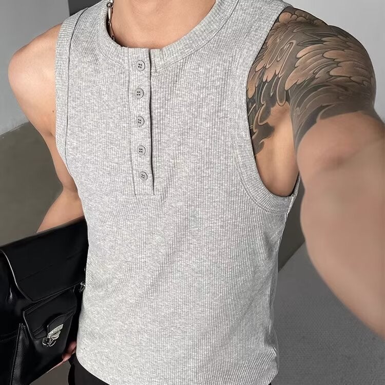 American Trendy Brand Button-Down Henry Collar Solid Color Sleeveless Vest For Men And Women, Summer Simple Slim Fit Versatile - Image 2