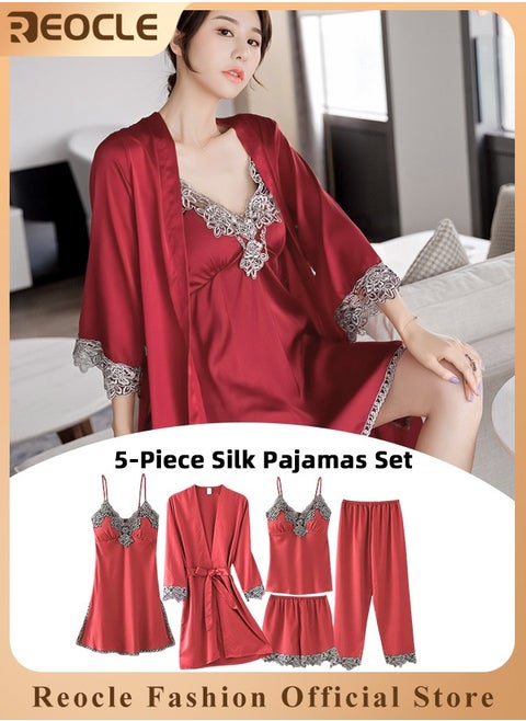 Women's Pajama Sets 5 PCS Silk Pajamas Comfortable Skin-friendly Sleepwear Loungewear Satin Pajamas Sets for Women