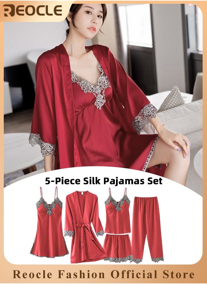 REOCLE - Women's Pajama Sets 5 PCS Silk Pajamas Comfortable Skin-friendly Sleepwear Loungewear Satin Pajamas Sets for Women - Image 1