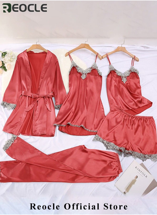 REOCLE - Women's Pajama Sets 5 PCS Silk Pajamas Comfortable Skin-friendly Sleepwear Loungewear Satin Pajamas Sets for Women - Image 1