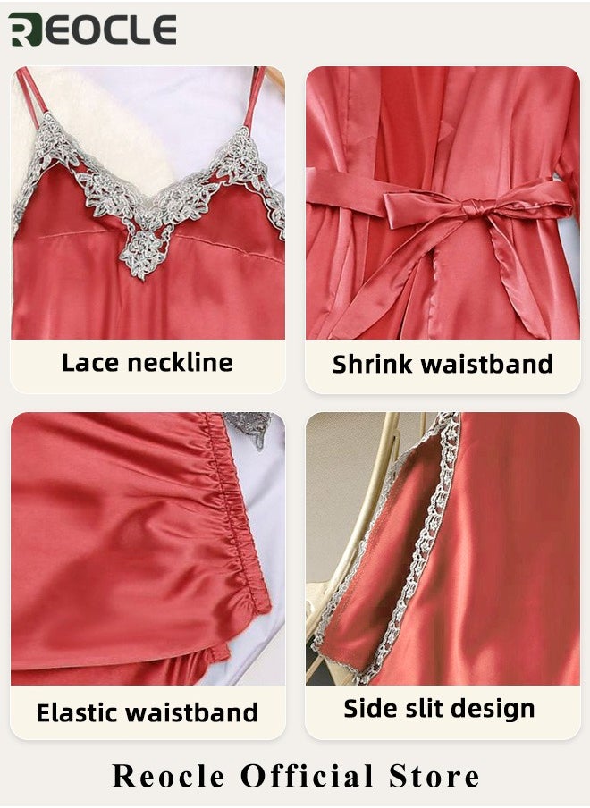 REOCLE - Women's Pajama Sets 5 PCS Silk Pajamas Comfortable Skin-friendly Sleepwear Loungewear Satin Pajamas Sets for Women - Image 1